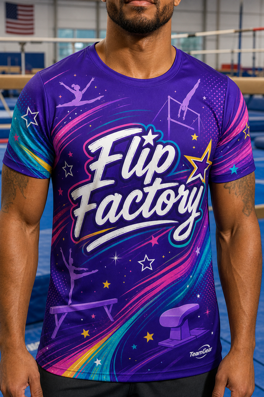 Flip Factory Purple Gymnastics Jersey — custom gymnastics jersey worn on model — TeamGear Canada