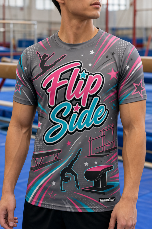 Flip Side Grey Gymnastics Jersey — custom gymnastics jersey worn on model — TeamGear Canada