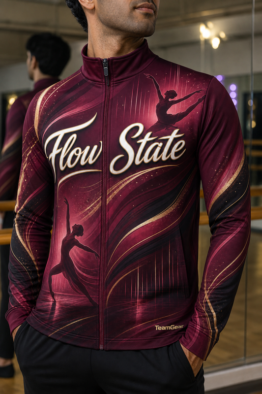 Flow State Maroon Dance Jacket — custom dance jacket worn on model — TeamGear Canada