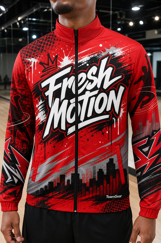 Fresh Motion Red Dance Jacket — custom dance jacket worn on model — TeamGear Canada
