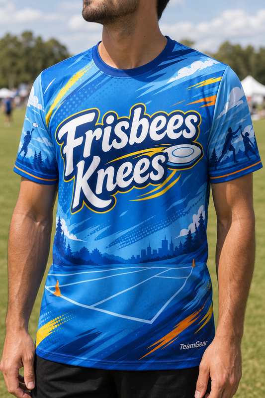 Frisbees Knees Blue Ultimate Frisbee Jersey — custom ultimate frisbee jersey worn on model — TeamGear Canada