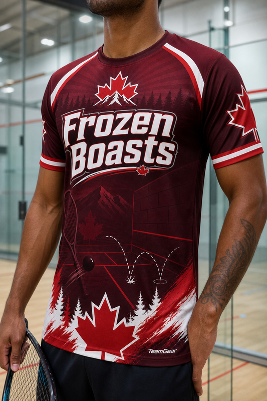 Frozen Boasts Maroon Squash Jersey — custom squash jersey worn on model — TeamGear Canada