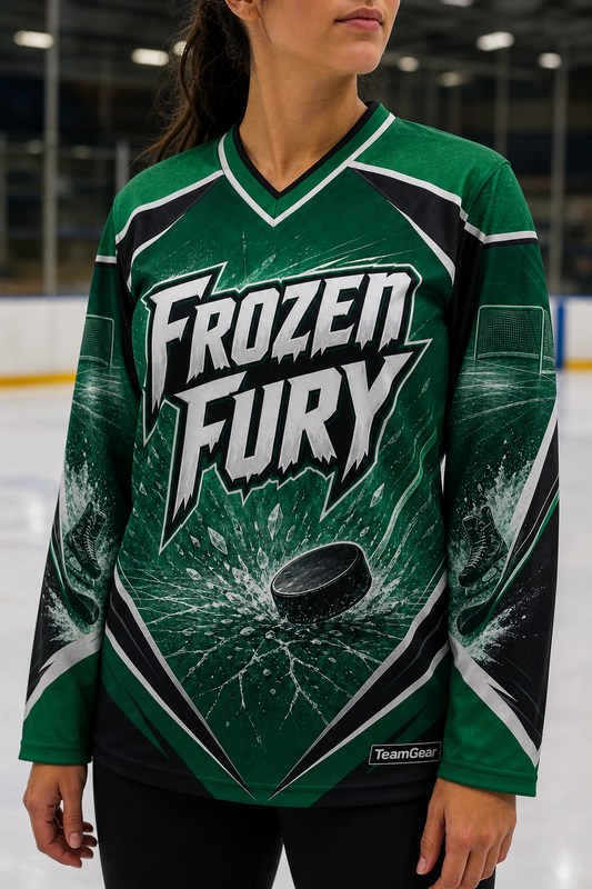Frozen Fury Green Hockey Jersey — custom hockey jersey worn on model — TeamGear Canada