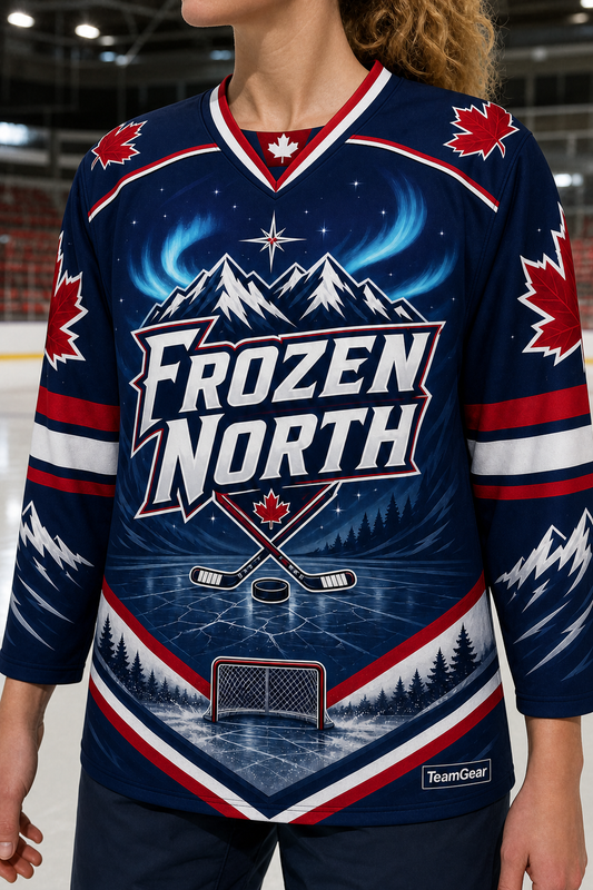 Frozen North Navy Hockey Jersey — custom hockey jersey worn on model — TeamGear Canada