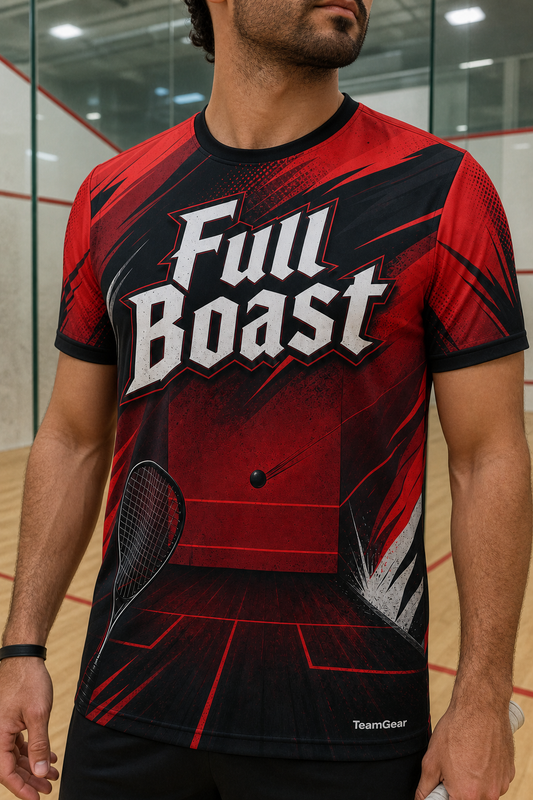 Full Boast Red Squash Jersey — custom squash jersey worn on model — TeamGear Canada