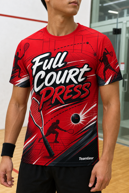 Full Court Press Red Racquetball Jersey — custom racquetball jersey worn on model — TeamGear Canada