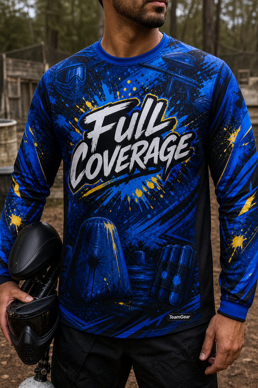 Full Coverage Blue Long Sleeve Paintball Jersey — custom paintball jersey worn on model — TeamGear Canada