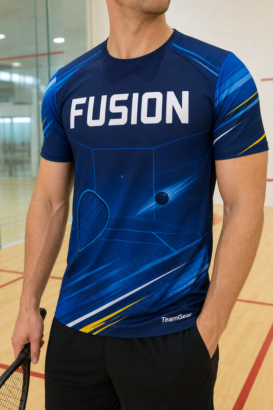FUSION Blue Racquetball Jersey — custom racquetball jersey worn on model — TeamGear Canada