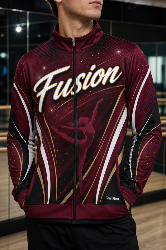 Fusion Maroon Dance Jacket — custom dance jacket worn on model — TeamGear Canada