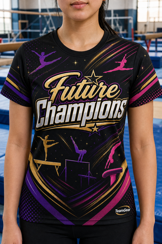 Future Champions Black Gymnastics Jersey — custom gymnastics jersey worn on model — TeamGear Canada