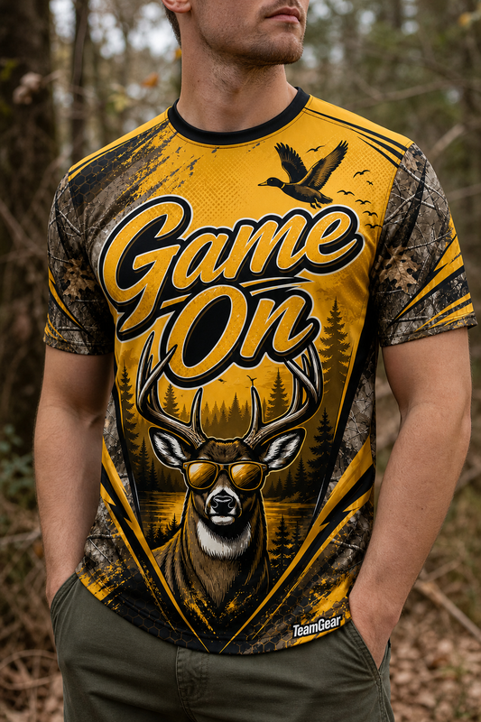 Game On Gold Hunting Jersey — custom hunting jersey worn on model — TeamGear Canada