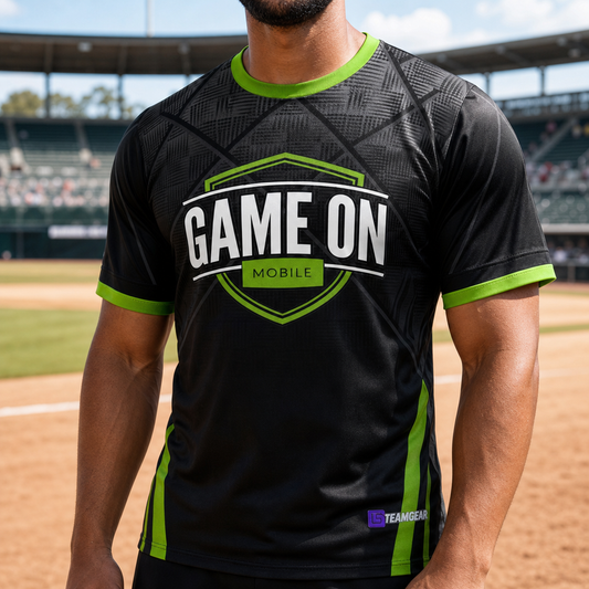 Game On Mobile Fully Sublimated Softball, Baseball and Slo-Pitch Jersey — custom baseball jersey worn on model — TeamGear Canada