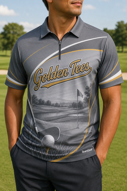 Golden Tees Grey Golf Polo — custom golf team apparel worn on model — TeamGear Canada