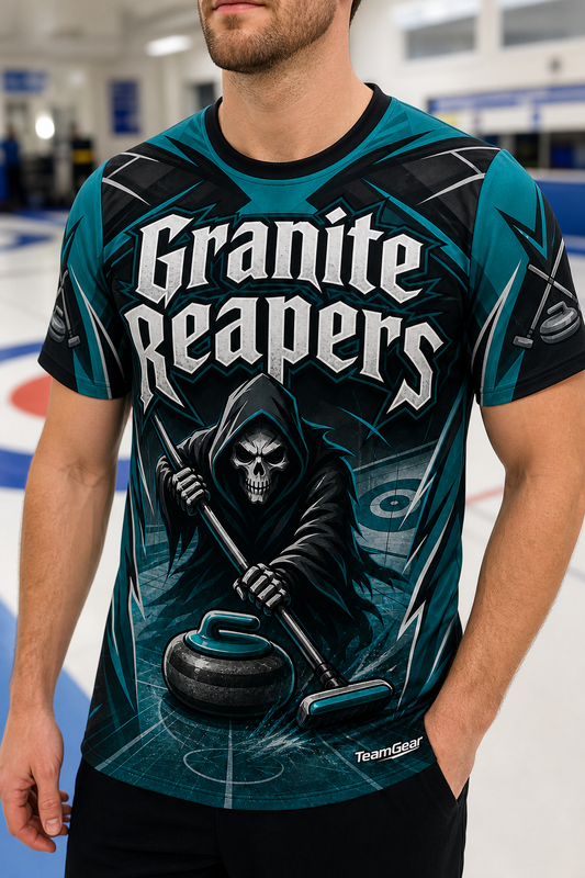 Granite Reapers Teal Curling Jersey — custom curling jersey worn on model — TeamGear Canada