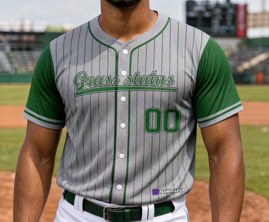 Grass Stains Grey Baseball Jersey Full Button — custom baseball jersey worn on model — TeamGear Canada