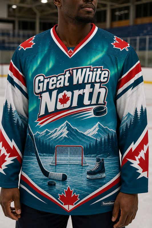 Great White North Teal Hockey Jersey — custom hockey jersey worn on model — TeamGear Canada