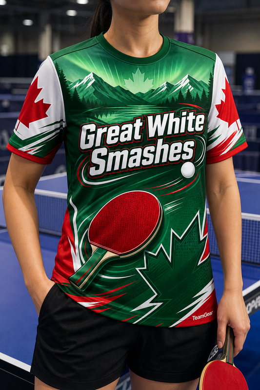 Great White Smashes Green Table Tennis Jersey — custom table tennis jersey worn on model — TeamGear Canada