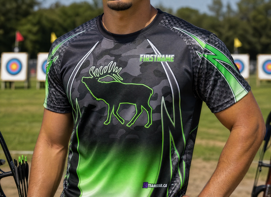 Green Elk Archery Jersey — custom archery jersey worn on model — TeamGear Canada