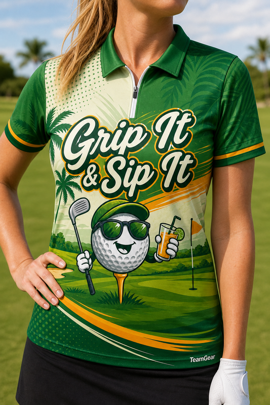 Grip It & Sip It Green Golf Polo — custom golf team apparel worn on model — TeamGear Canada