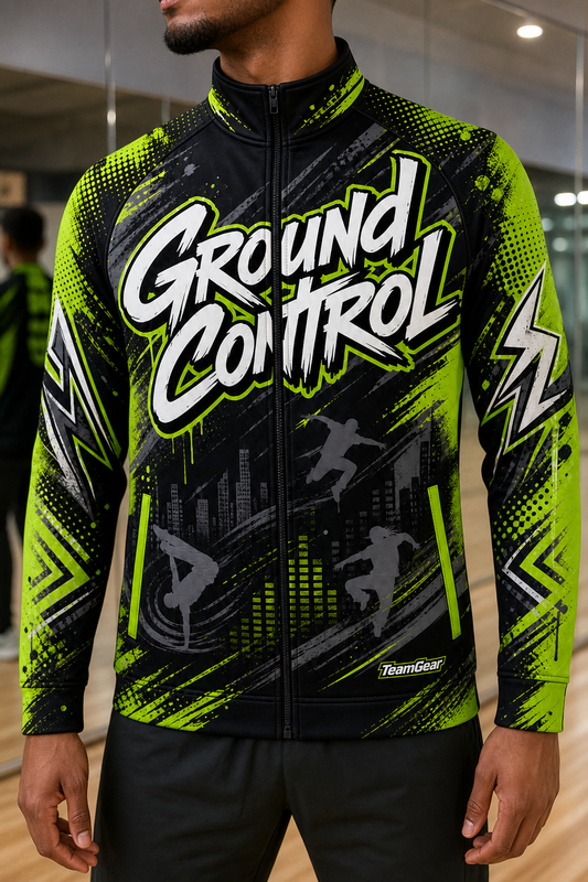 Ground Control Lime Dance Jacket — custom dance jacket worn on model — TeamGear Canada