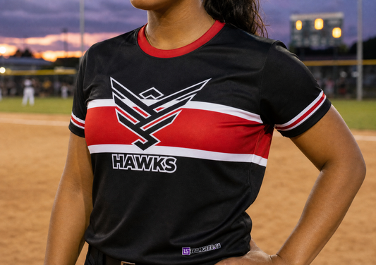 Hawks Black Softball Jersey — custom softball jersey worn on model — TeamGear Canada