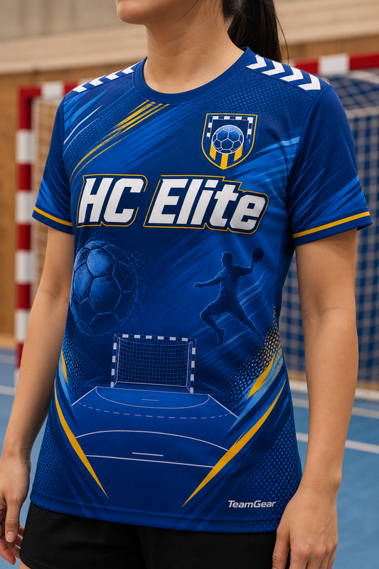 HC Elite Blue Handball Jersey — custom handball jersey worn on model — TeamGear Canada