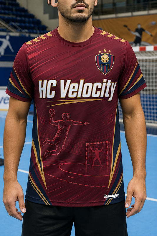 HC Velocity Maroon Handball Jersey — custom handball jersey worn on model — TeamGear Canada