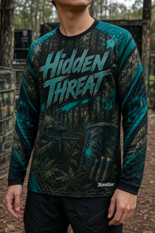Hidden Threat Teal Long Sleeve Paintball Jersey — custom paintball jersey worn on model — TeamGear Canada