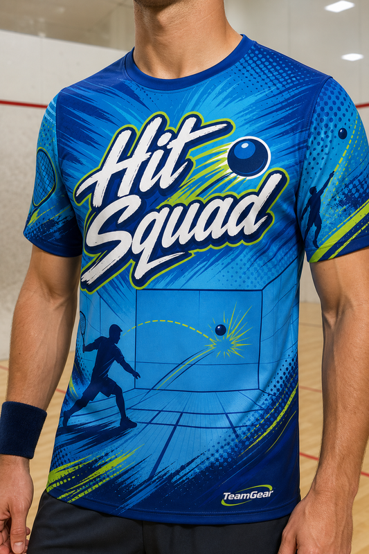 Hit Squad Blue Racquetball Jersey — custom racquetball jersey worn on model — TeamGear Canada