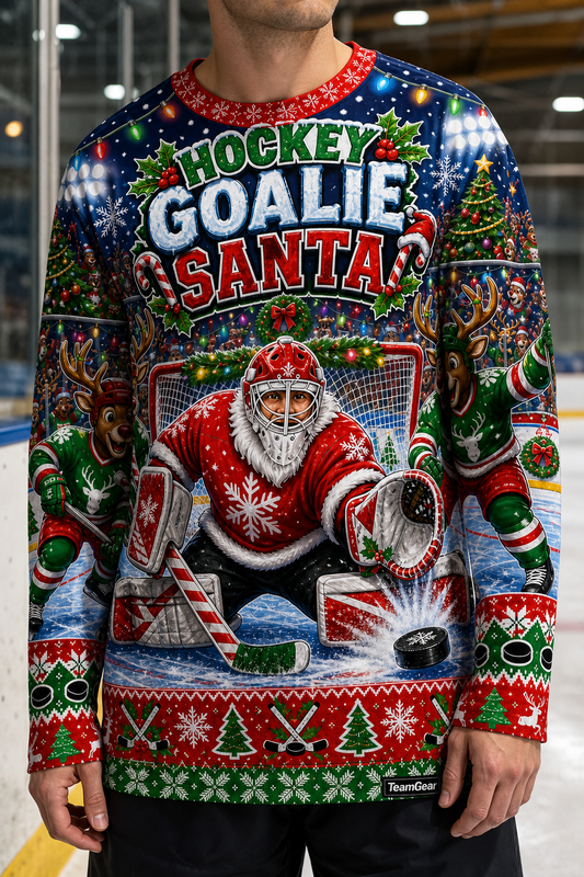 Hockey Goalie Santa Ugly Christmas Sweater — custom hockey team apparel worn on model — TeamGear Canada