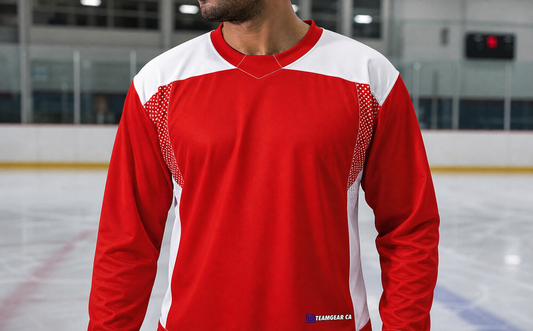 Hockey Practice Jersey Red — custom hockey jersey worn on model — TeamGear Canada