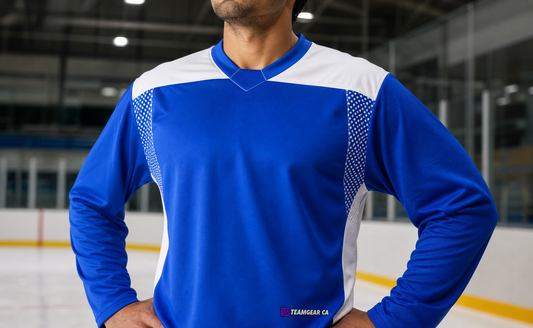 Hockey Practice Jersey Royal Blue — custom hockey jersey worn on model — TeamGear Canada