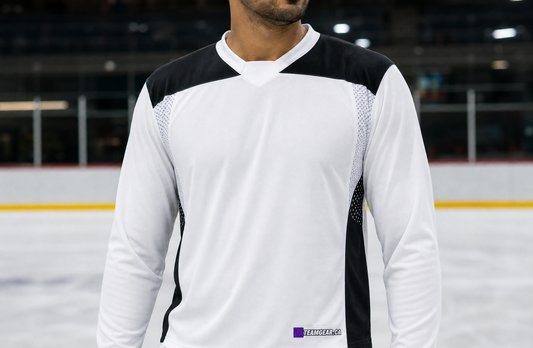 Hockey Practice Jersey White — custom hockey jersey worn on model — TeamGear Canada