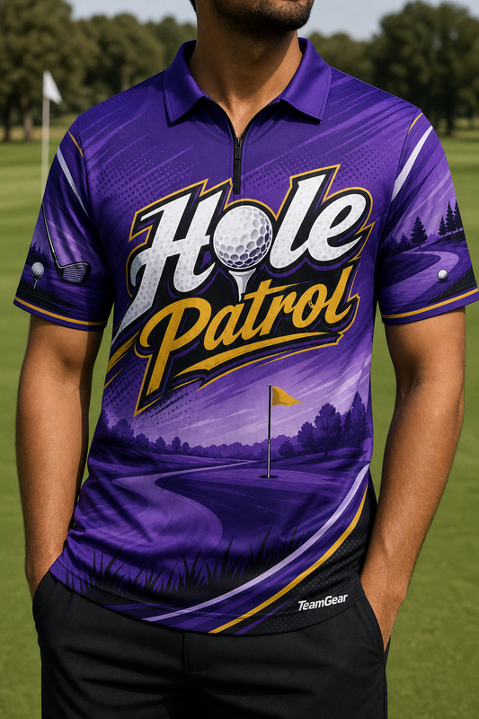Hole Patrol Purple Golf Polo — custom golf team apparel worn on model — TeamGear Canada