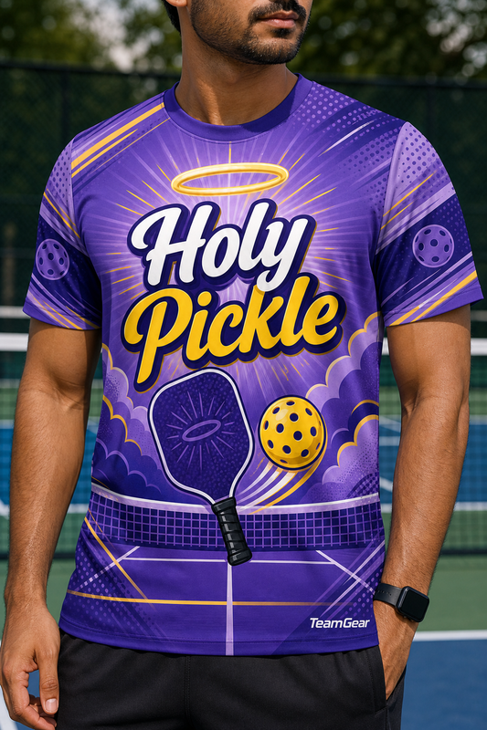 Holy Pickle Purple Pickleball Jersey — custom pickleball jersey worn on model — TeamGear Canada