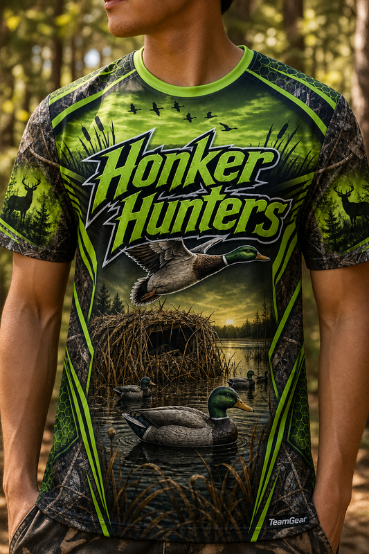 Honker Hunters Lime Hunting Jersey — custom hunting jersey worn on model — TeamGear Canada
