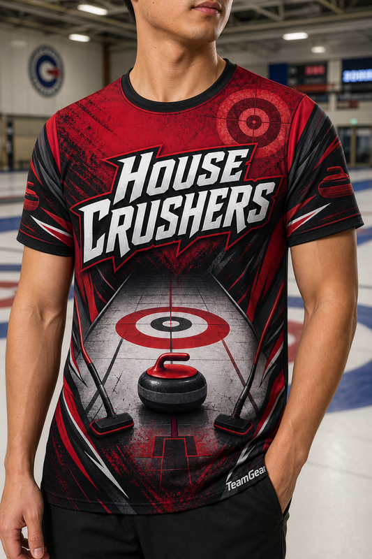 House Crushers Red Curling Jersey — custom curling jersey worn on model — TeamGear Canada