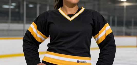 House League Hockey Jersey Black/Gold/White — custom hockey jersey worn on model — TeamGear Canada