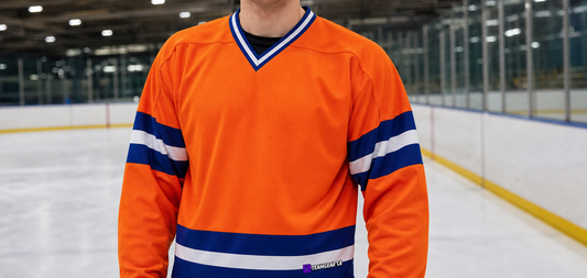 House League Hockey Jersey Burnt Orange/Royal Blue/White — custom hockey jersey worn on model — TeamGear Canada
