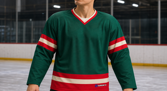 House League Hockey Jersey Forest Green/Red/Wheat — custom hockey jersey worn on model — TeamGear Canada