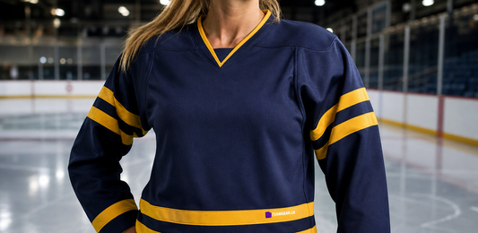 House League Hockey Jersey Navy/Gold — custom hockey jersey worn on model — TeamGear Canada