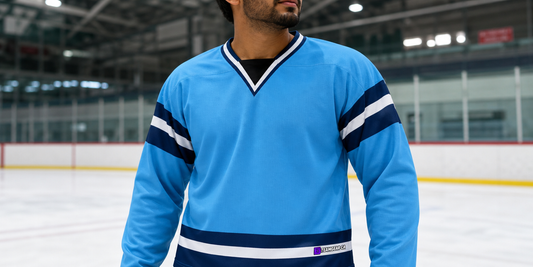 House League Hockey Jersey Powder Blue/Navy/White — custom hockey jersey worn on model — TeamGear Canada