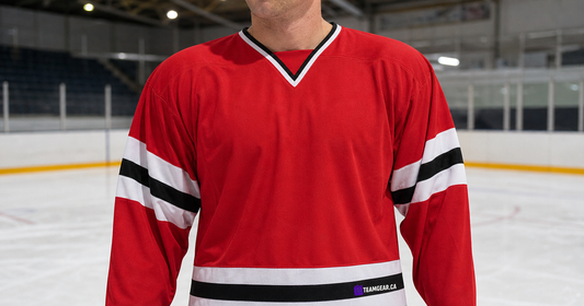 House League Hockey Jersey Red/White/Black — custom hockey jersey worn on model — TeamGear Canada