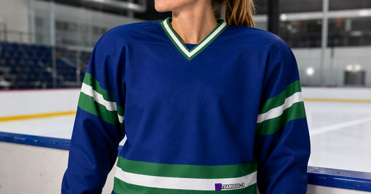House League Hockey Jersey Royal Blue/Kelly Green/White — custom hockey jersey worn on model — TeamGear Canada