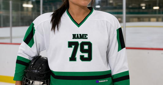 House League Hockey Jersey White/Kelly Green/Black — custom hockey jersey worn on model — TeamGear Canada