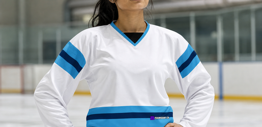 House League Hockey Jersey White/Powder Blue/Navy — custom hockey jersey worn on model — TeamGear Canada