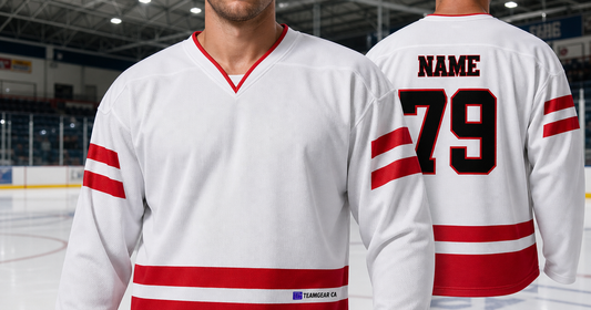 House League Hockey Jersey White/Red — custom hockey jersey worn on model — TeamGear Canada
