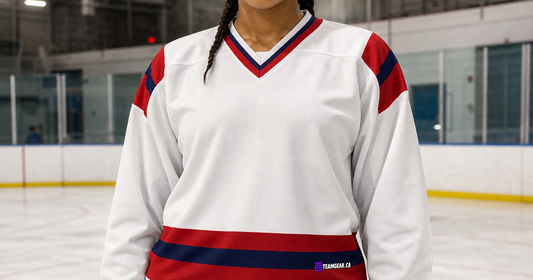 House League Hockey Jersey White/Red/Royal Blue — custom hockey jersey worn on model — TeamGear Canada