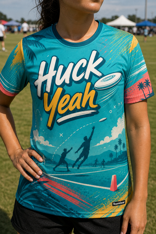 Huck Yeah Teal Ultimate Frisbee Jersey — custom ultimate frisbee jersey worn on model — TeamGear Canada