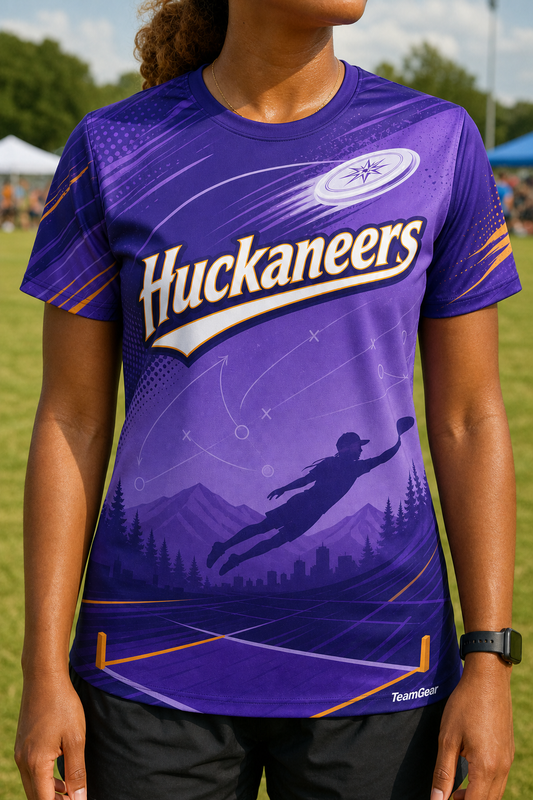 Huckaneers Purple Ultimate Frisbee Jersey — custom ultimate frisbee jersey worn on model — TeamGear Canada
